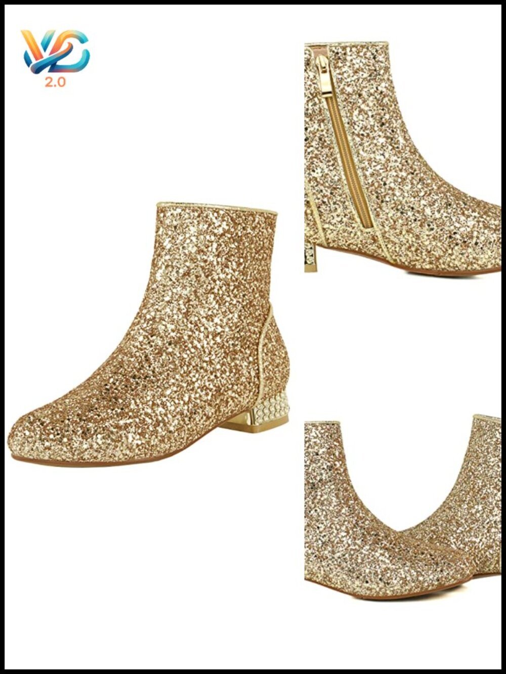 Low Heel Chunky Ankle Booties Sequins Glitter Boots Zip